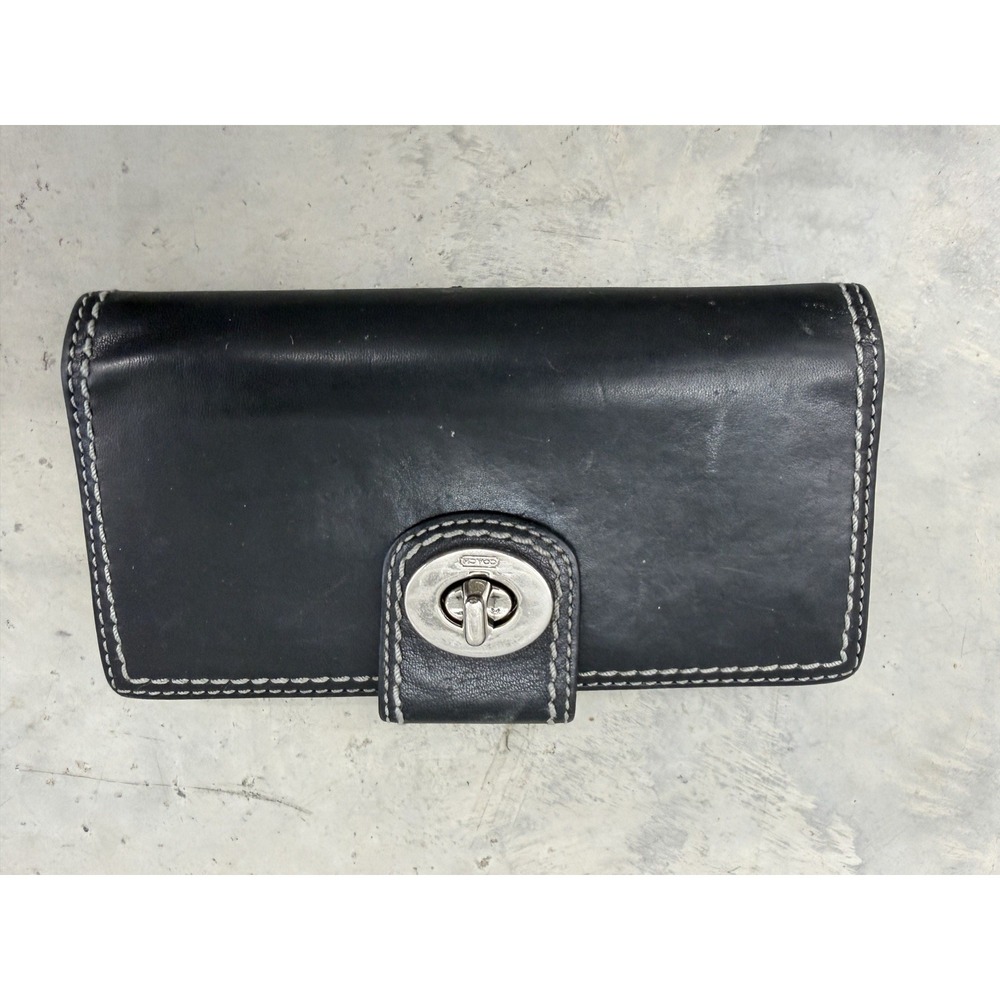 Coach Black Leather Checkbook Wallet Organizer Long Snap Closure Card ID Holder